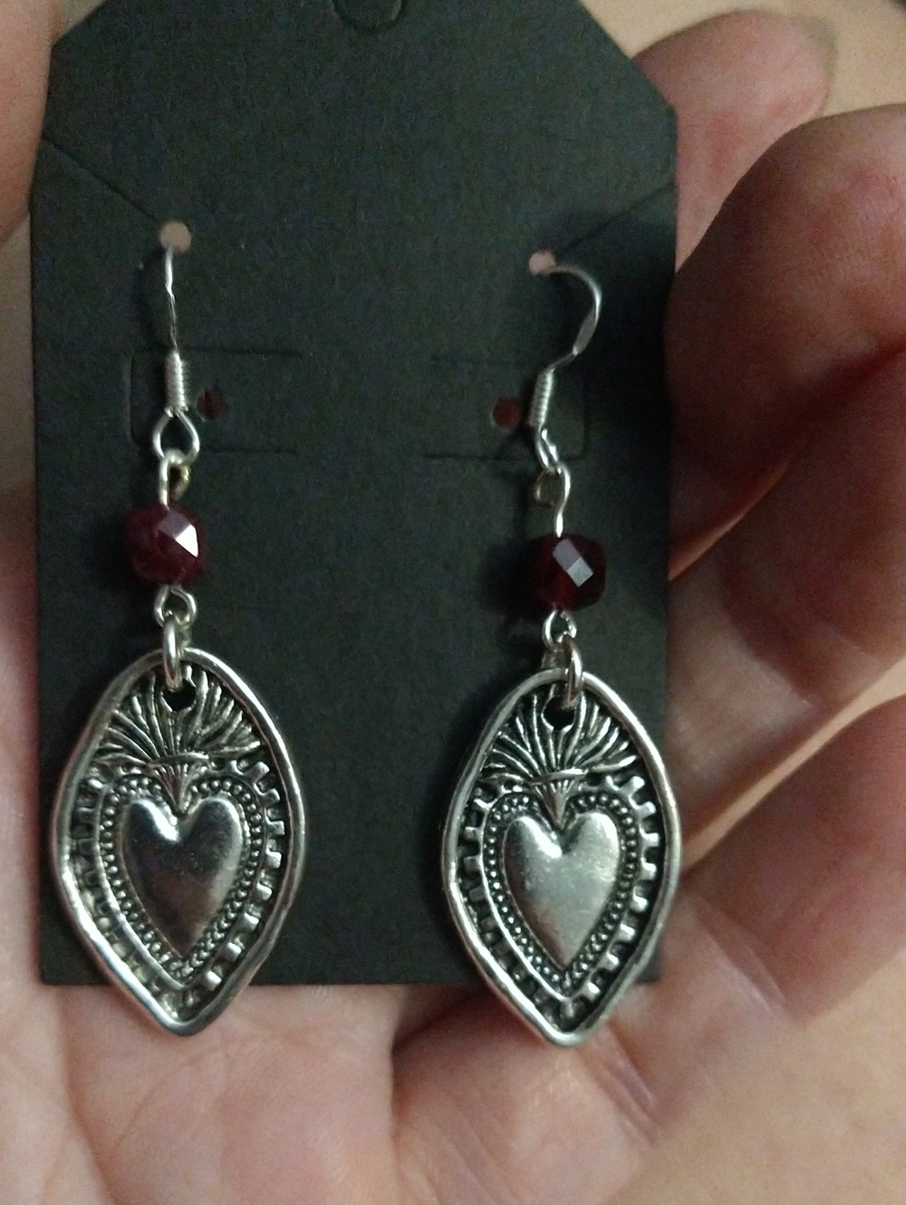 Silver Sacred Heart Drop Earrings with Garnet Bead -